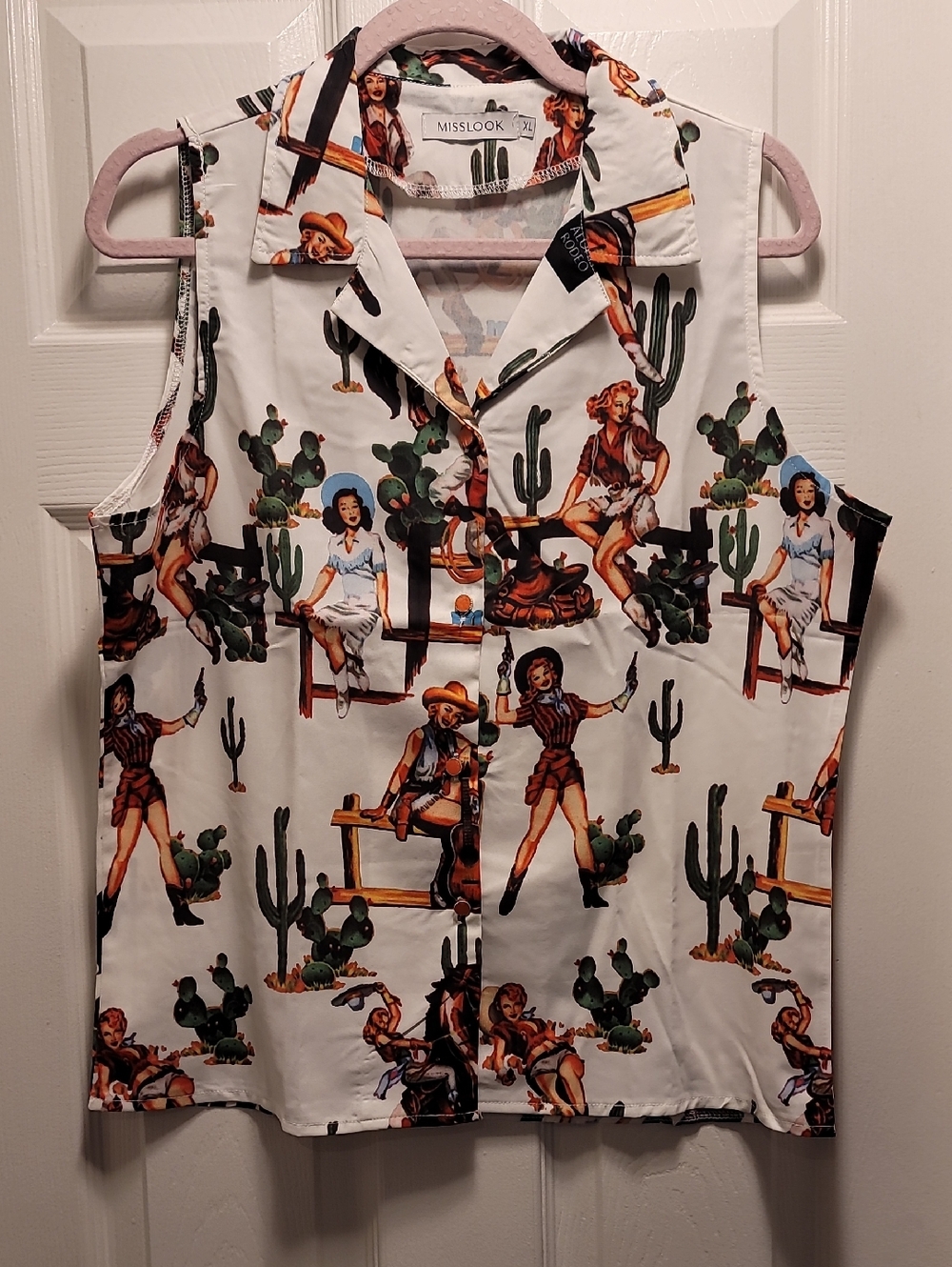 MISSLOOK White Western Pin-Up Print Sleeveless Button Front Top  X Large